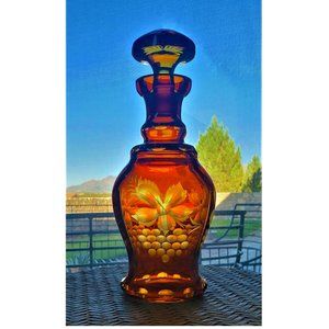 Antique Bohemian Czech Wine Carafe with Stopper, Deep Amber